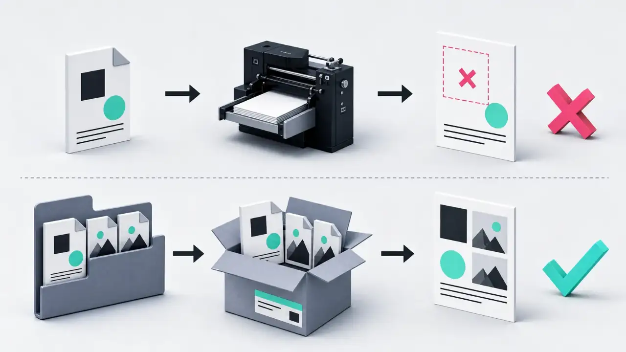 AIファイルだけを送って画像リンクが切れている状態と、AIファイルと画像フォルダを一緒に送って正しく表示される状態を比較した図解